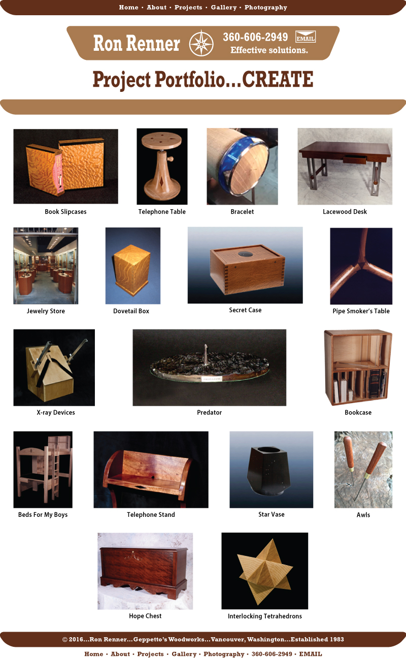 projects create, Ron Renner, Geppetto's Woodworks, since 1983, custom handmade furniture